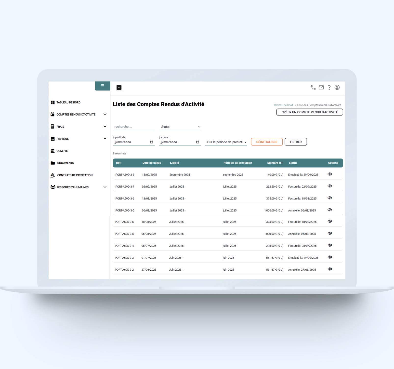 Interface de la plateforme de portage salarial ingénieur HumanEase Portage.