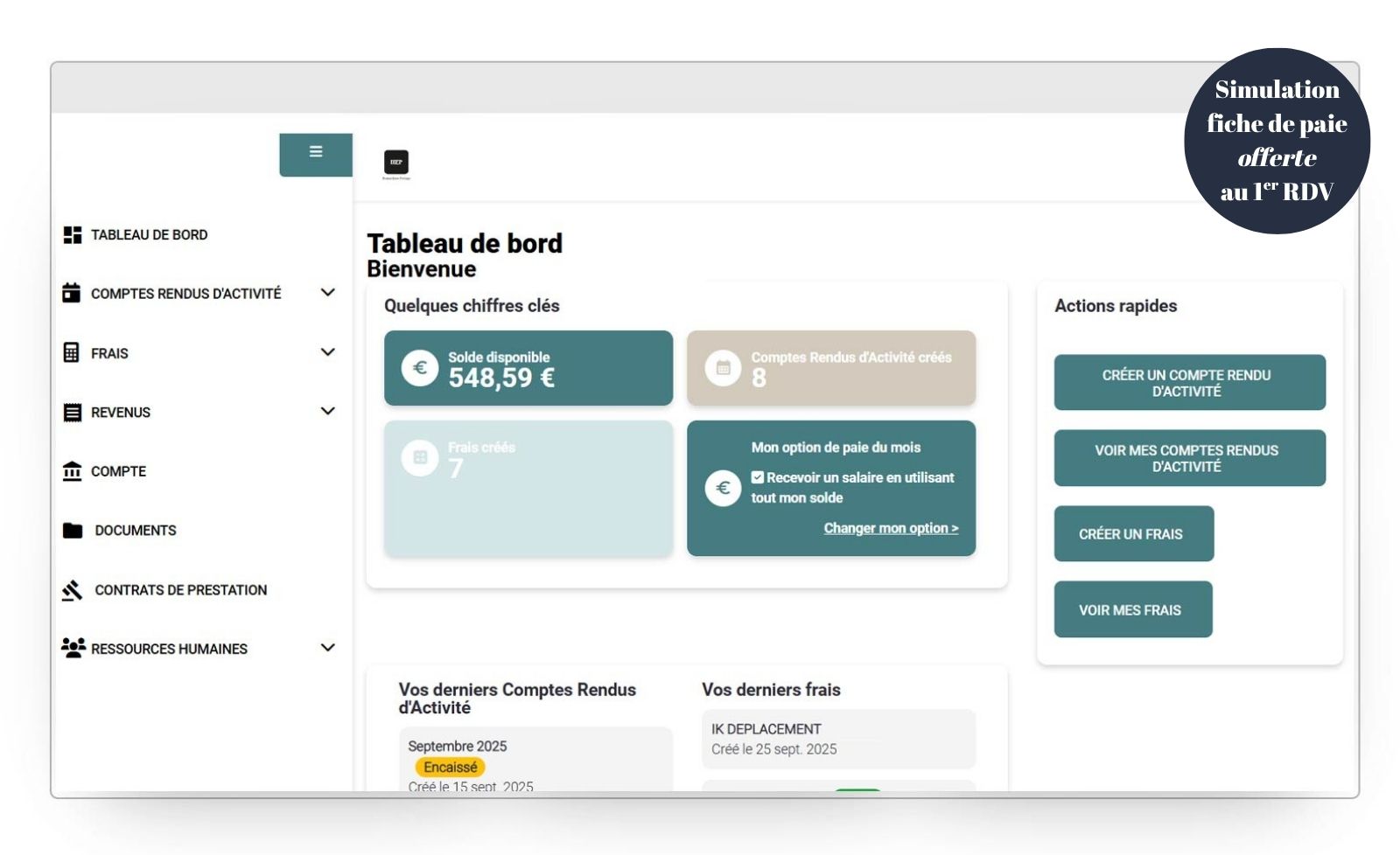 Tableau de bord de la plateforme de portage salarial ingénieur HumanEase Portage.